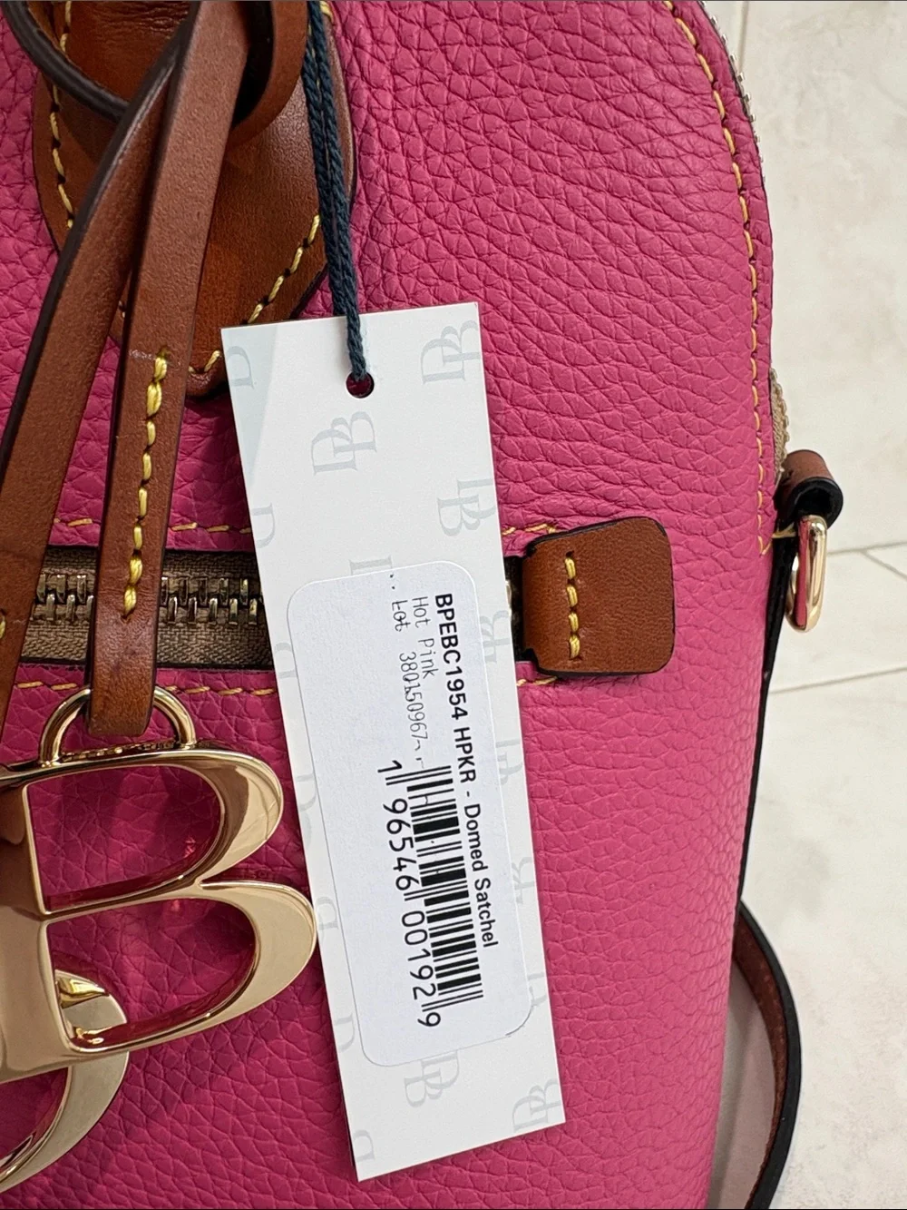 Dooney & Bourke Hot Pink Pebbled Grain Leather Domed Satchel with Brown Trimk